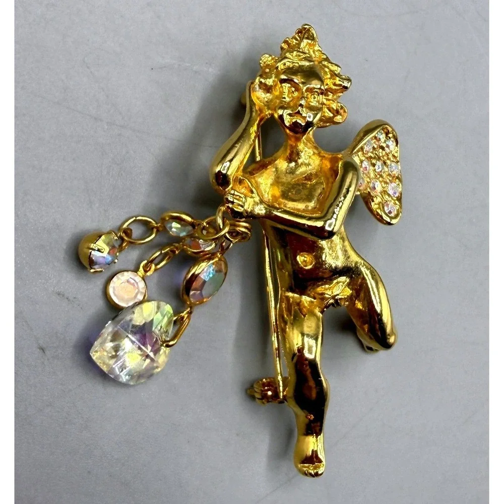 Kirks Folly Gold Tone Cherub Angel Brooch AB Rhinestone Heart Dangle Pin Vintage